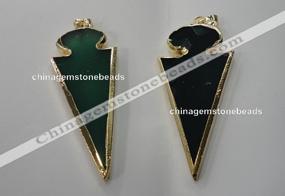 NGP1291 30*65mm green agate pendants with brass setting