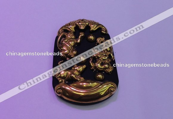 NGP2013 38*55mm carved gold plated matte black obsidian pendants