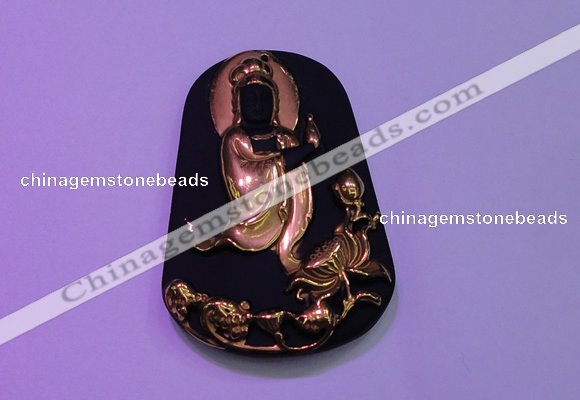 NGP2031 40*60mm carved gold plated matte black obsidian pendants