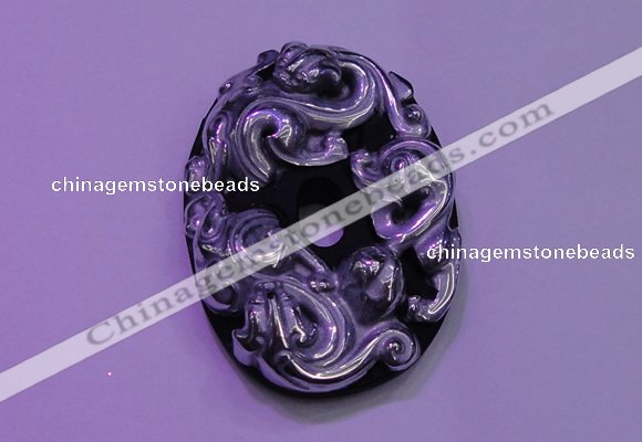 NGP2040 40*55mm carved silver plated matte black obsidian pendants
