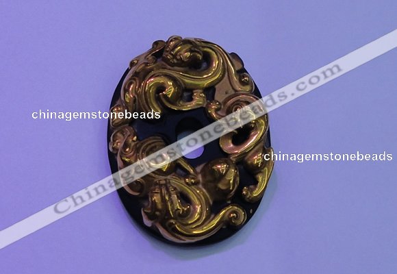 NGP2041 40*55mm carved gold plated matte black obsidian pendants