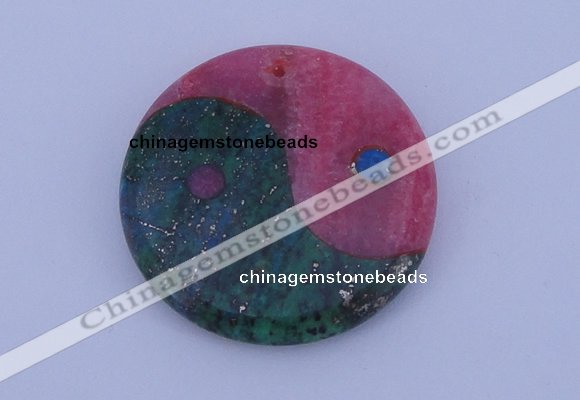 NGP208 6*40mm coin dyed rhodochrosite & chrysocolla gemstone pendant