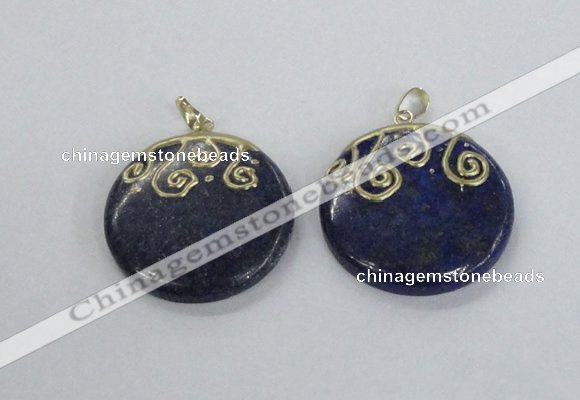 NGP2622 40mm flat round lapis lazuli gemstone pendants wholesale