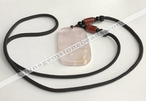 NGP5594 Rose quartz rectangle pendant with nylon cord necklace