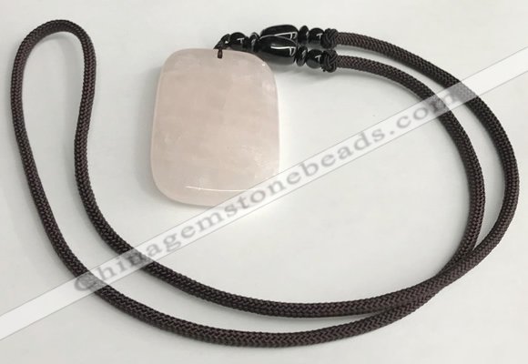 NGP5595 Rose quartz rectangle pendant with nylon cord necklace