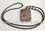 NGP5625 Rhodonite rectangle pendant with nylon cord necklace