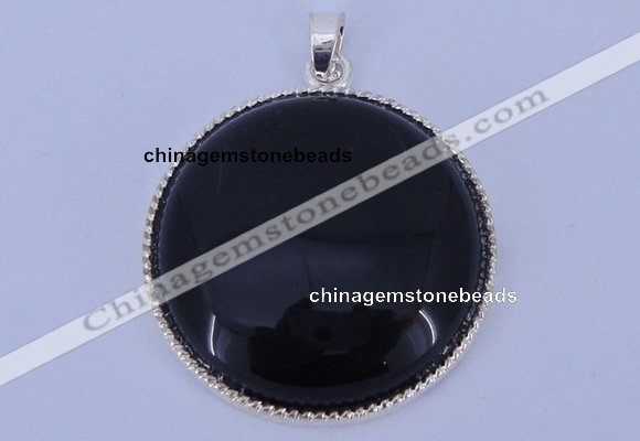 NGP651 5pcs 6*33mm flat round black obsidian with brass gemstone pendants