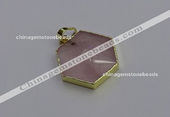 NGP6801 24*25mm hexagon rose quartz gemstone pendants wholesale