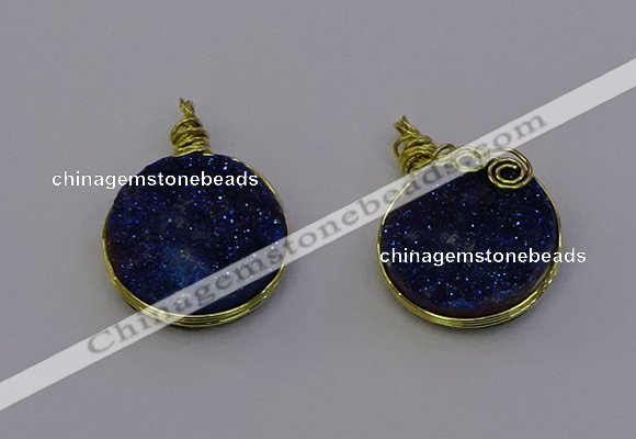 NGP6939 15mm - 16mm flat round plated druzy quartz pendants