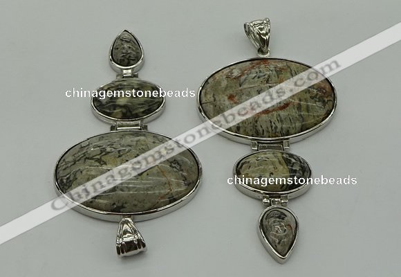 NGP8018 50*82mm - 52*86mm grey picture jasper pendant set jewelry